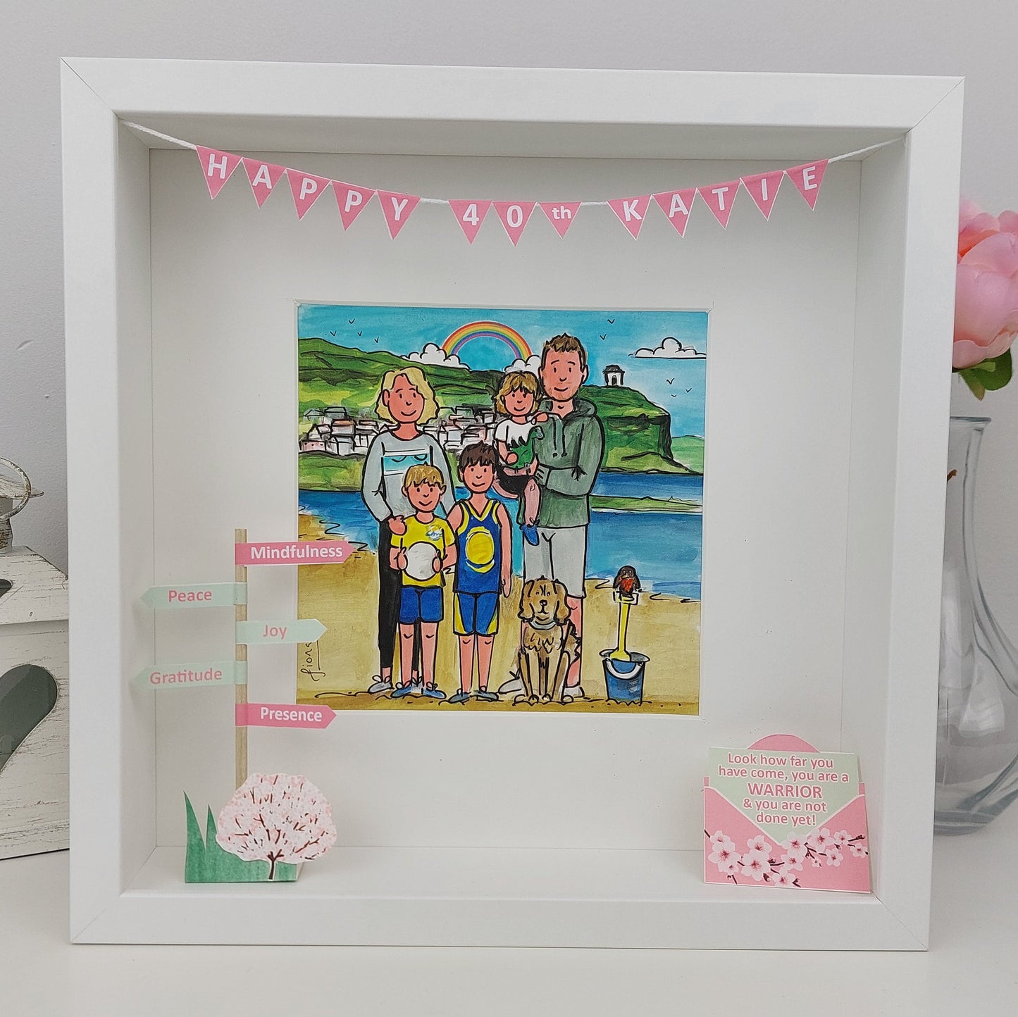 Framed artwork of a family at the beach with a 'Happy 40th Katie' A cute colourful illustration for a mumbanner.