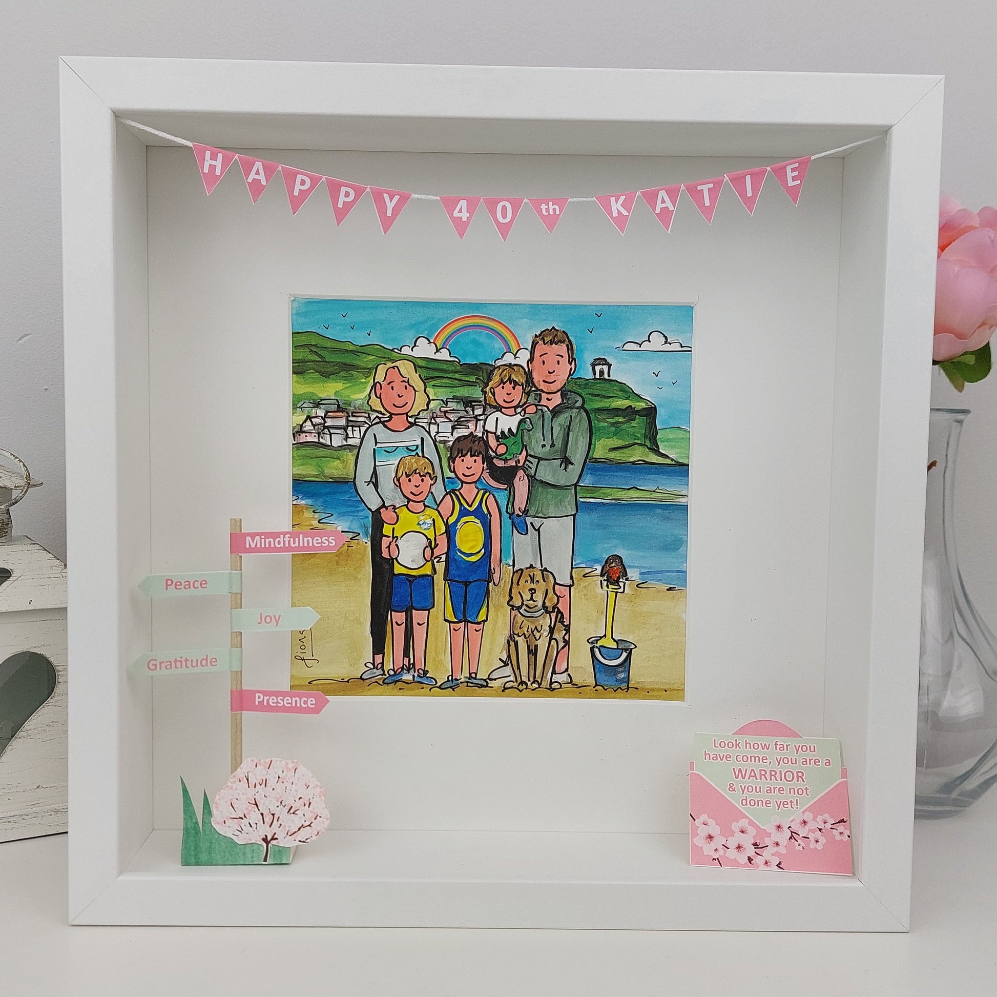 Framed artwork of a family at the beach with a 'Happy 40th Katie' A cute colourful illustration for a mumbanner.