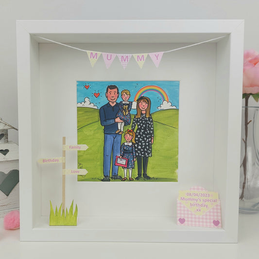 Framed illustration of a family with a rainbow and 'Mummy' banner. A cute colourful illustration with children and mum and dad