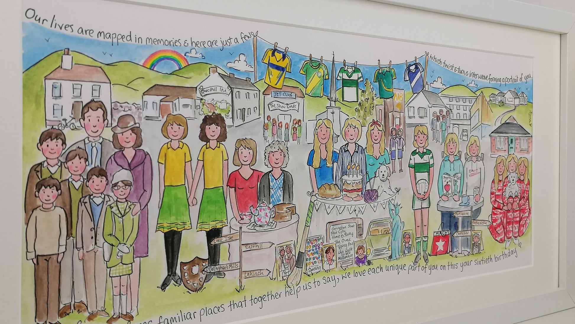 Illustration of a community scene with people and buildings, framed on a white wall.