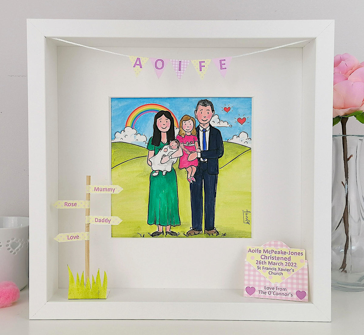 Personalised New Baby Family Box Frame | Hand-Painted Family Illustration