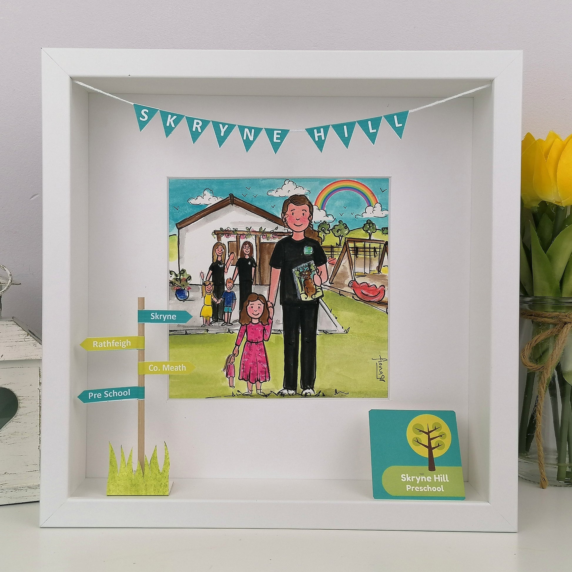 Nursery school teacher thank you with pupils illustration in a whitle frame with 3d paper features