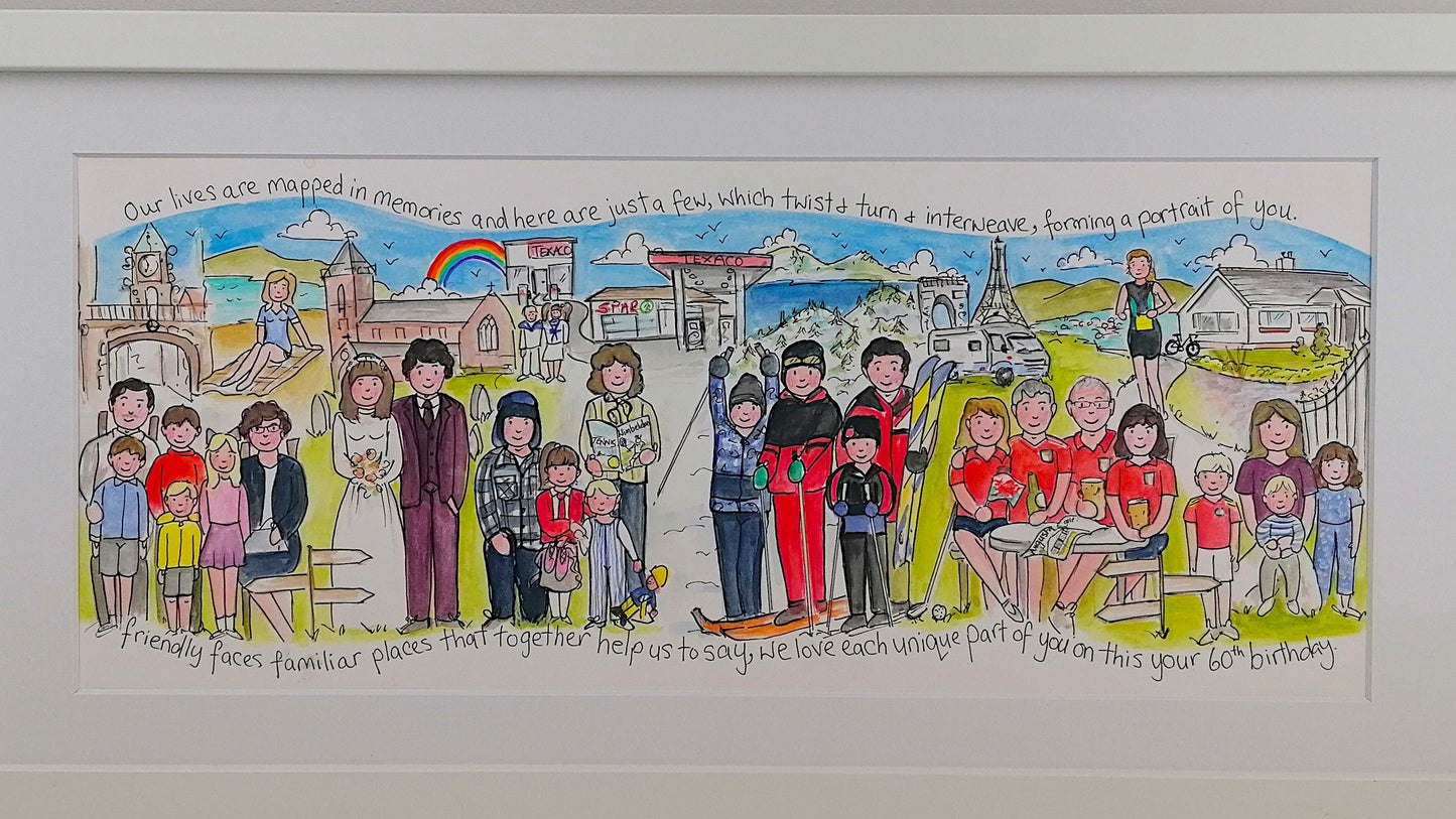Colorful illustration of a family scene with various characters and a scenic background.