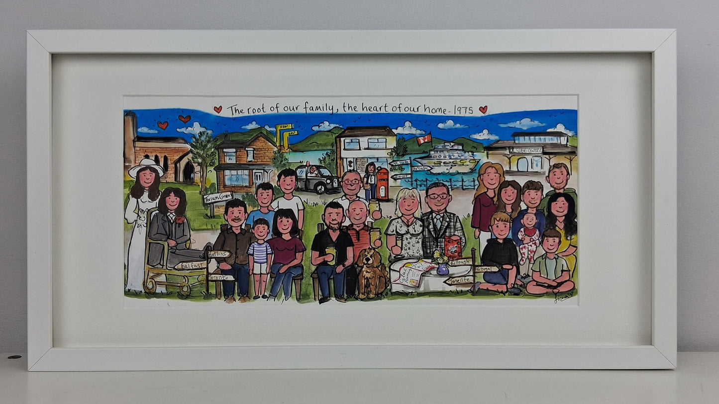 Framed artwork of a family portrait with a scenic background