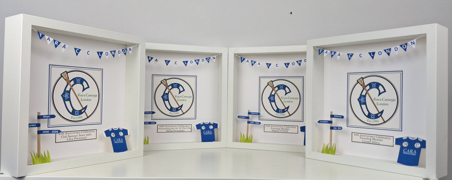 Decorative wall art with four framed illustrations and text on a white background