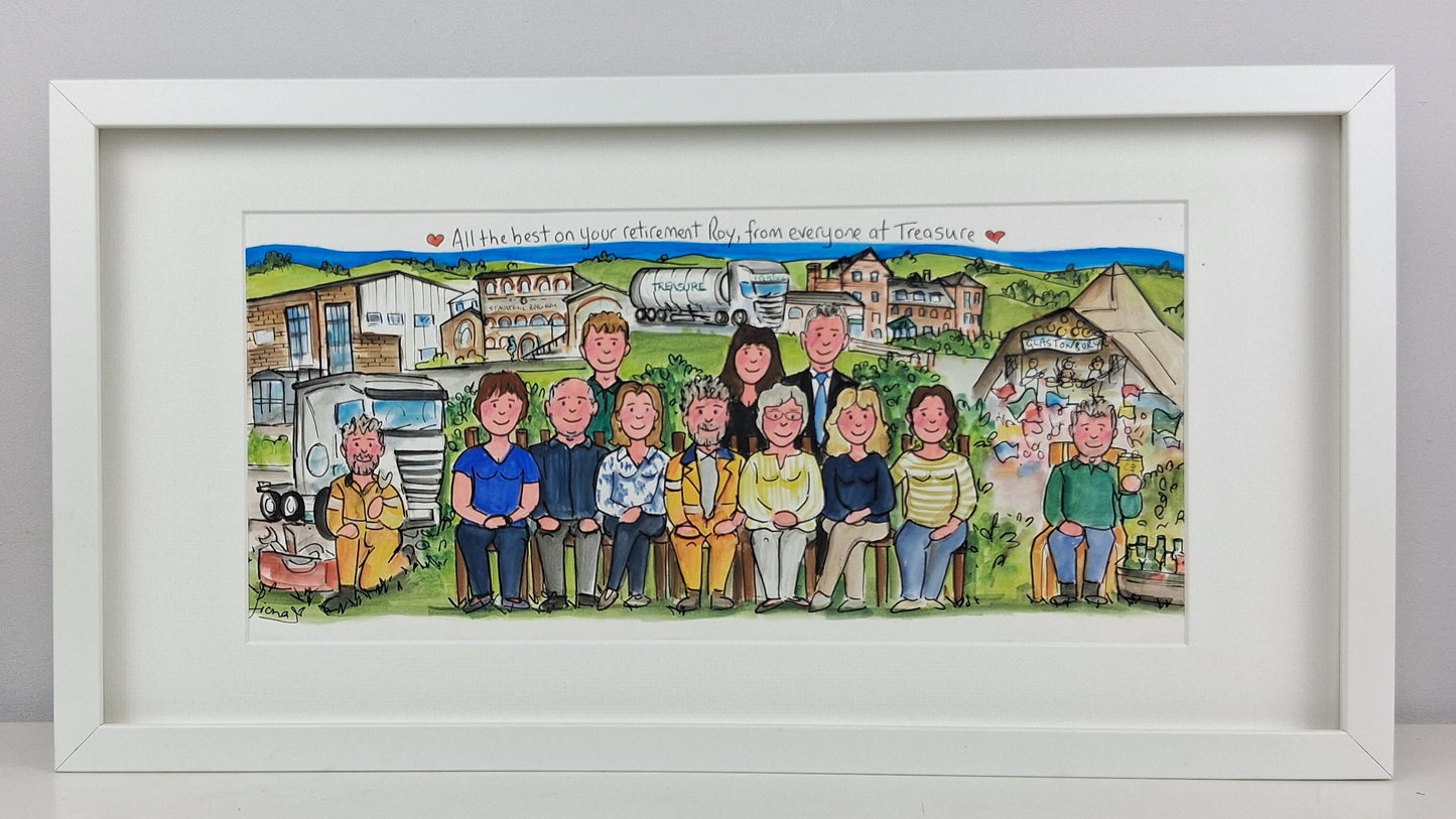 Framed artwork of a group of people in a village setting with a white frame.