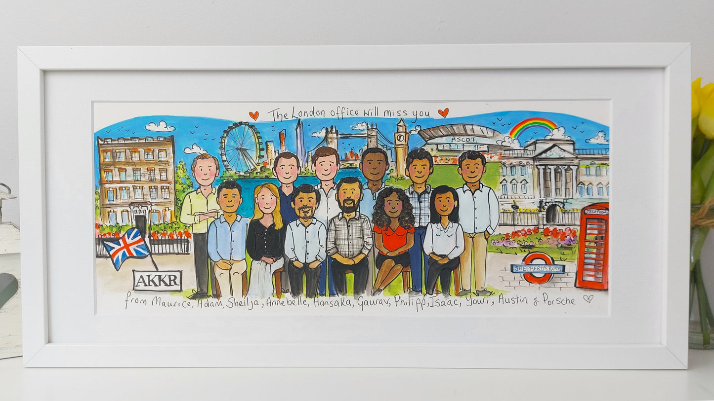 Framed artwork of a group of people in front of a London-themed background