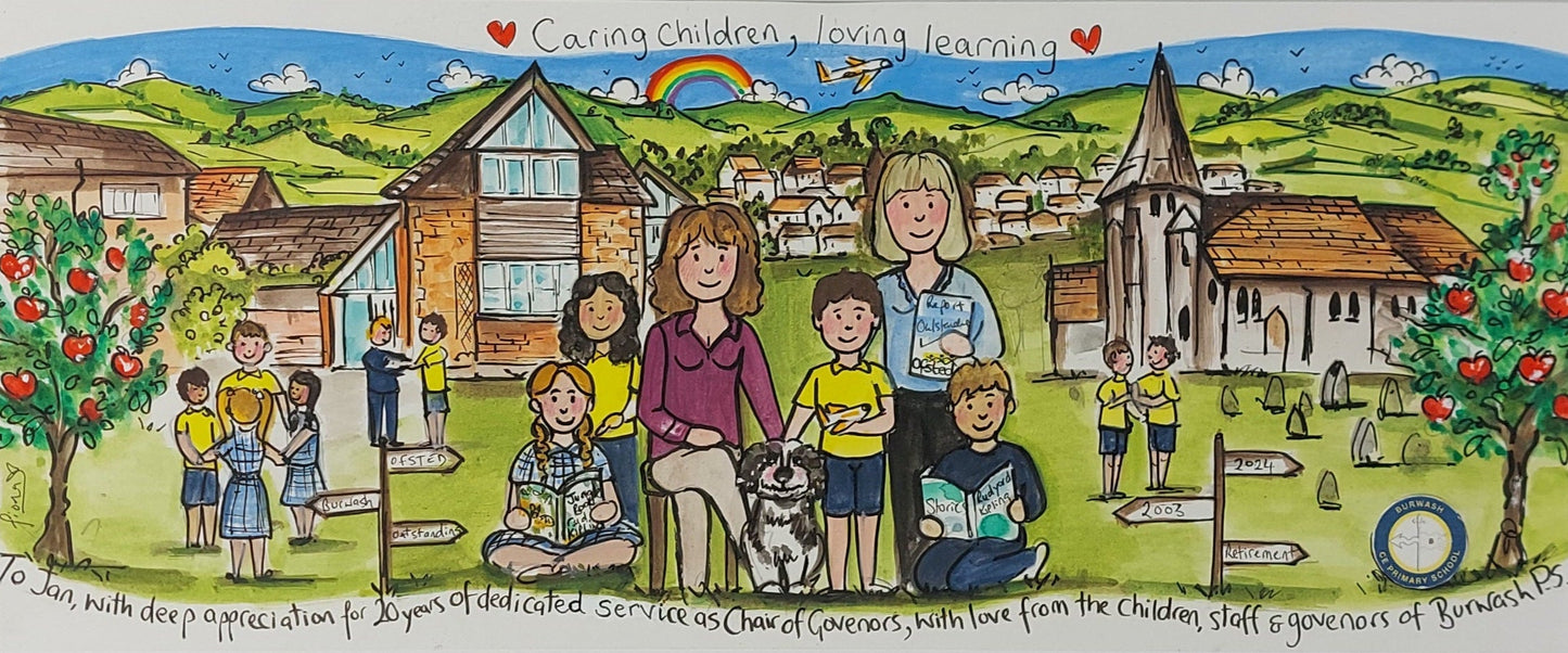 Framed artwork of a family and children in a village scene with a white frame.