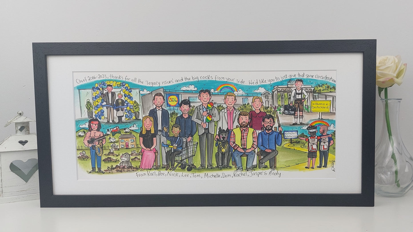 Framed artwork of a wedding scene with people and elements from a town, on a white surface.