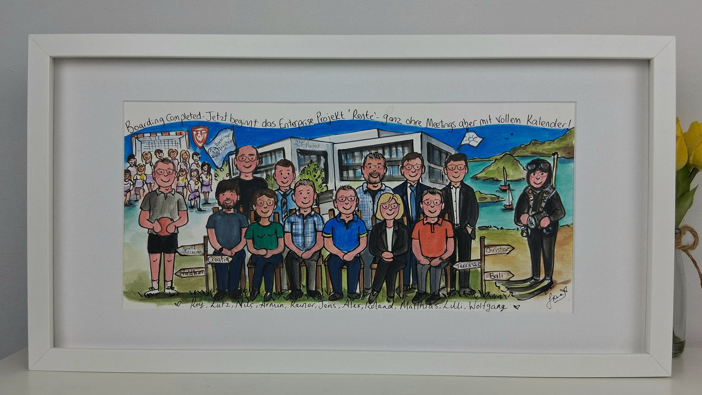 Framed cartoon-style illustration of a group of people in front of a scenic background