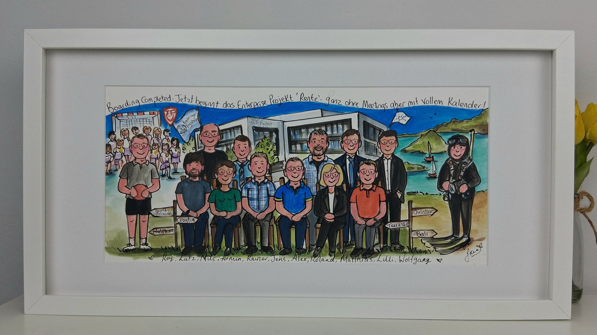 Framed cartoon-style illustration of a group of people in front of a scenic background