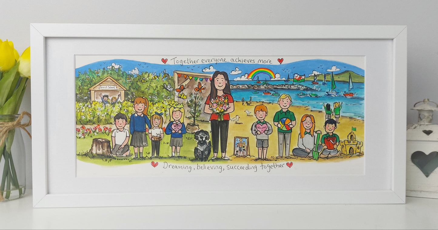 Framed artwork of a woman with children and pets on a beach