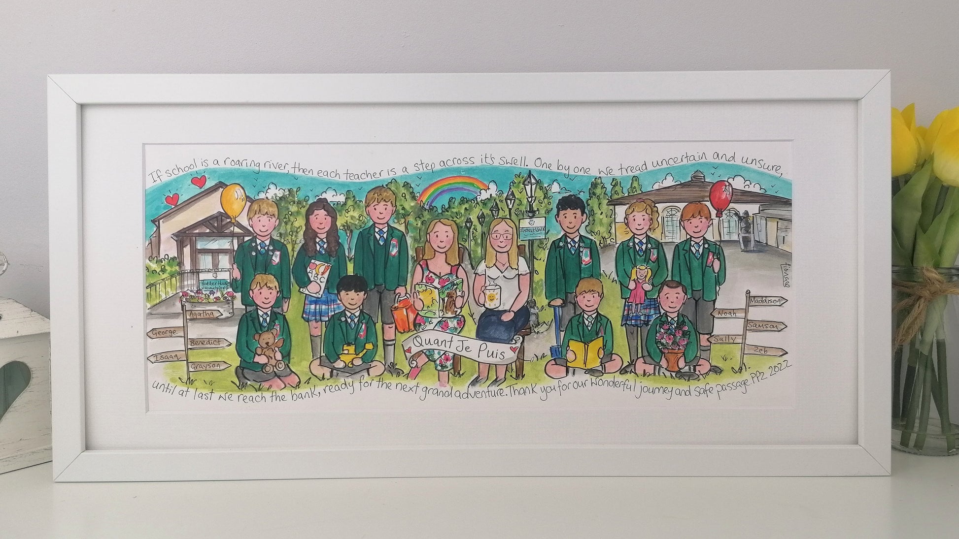Framed illustration of a family group with green jackets in a park setting.