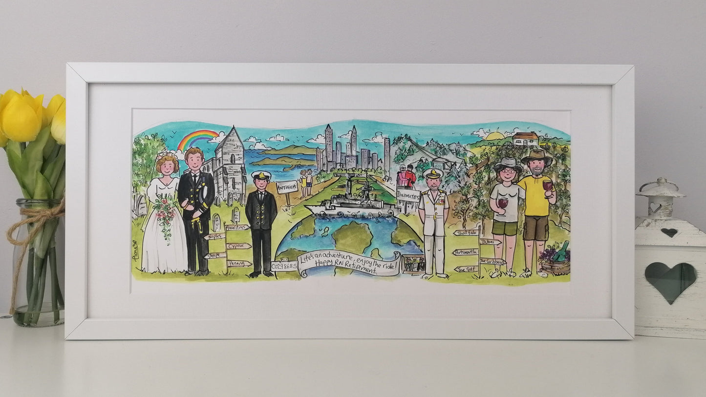 Framed artwork of a wedding scene with people and landmarks, a Navy ship on top of the world