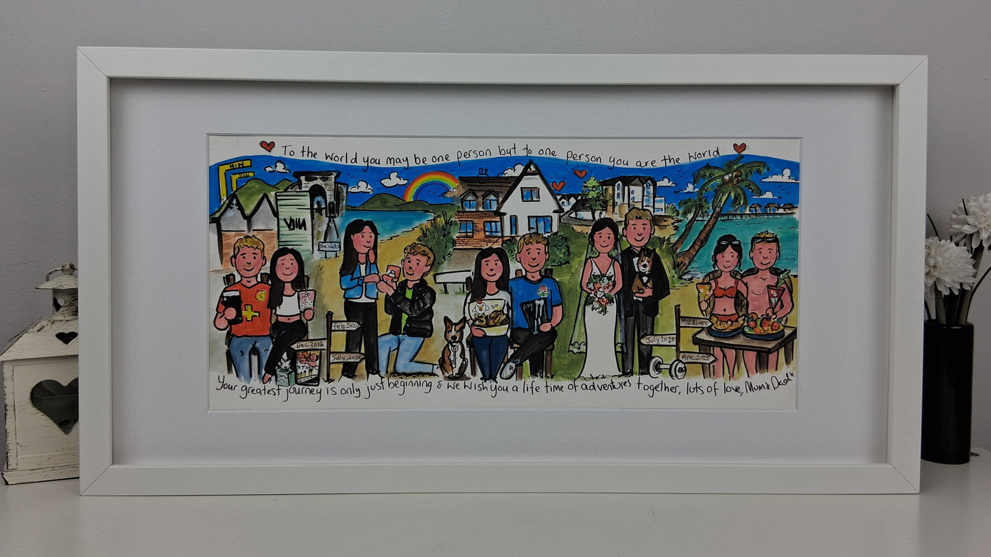 Framed artwork of a couple when they met to when they were married with a colorful background