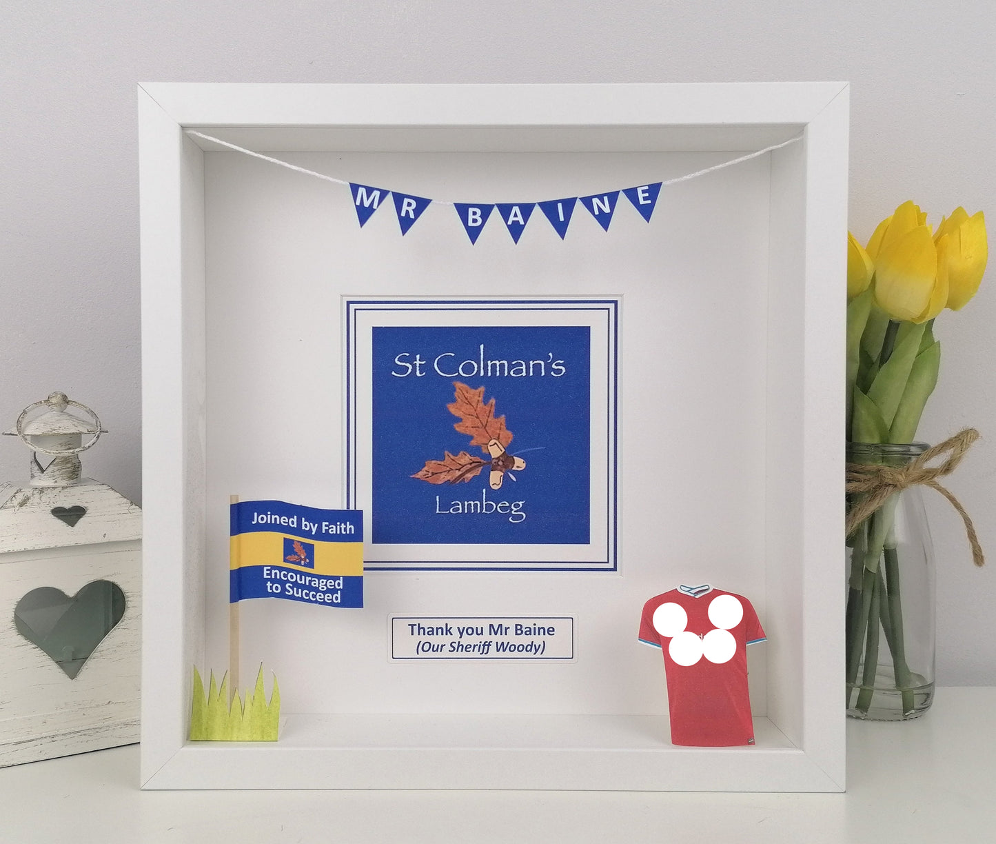 Decorative shadow box with St Colman's Lambeg logo, flags, and a red sports jersey on a white surface.