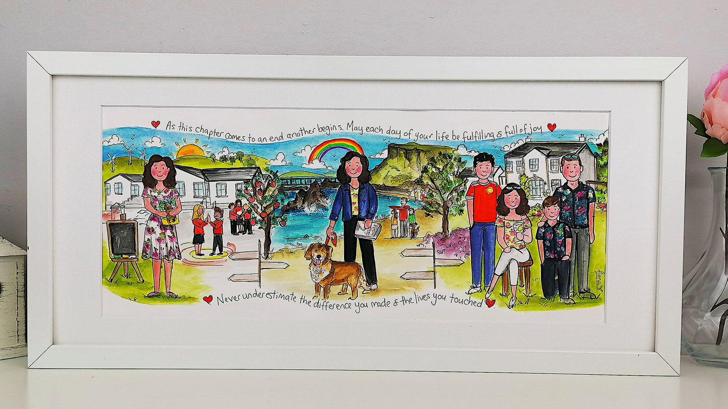 Framed artwork of a family scene with a rainbow and houses, featuring a woman with a dog and children.