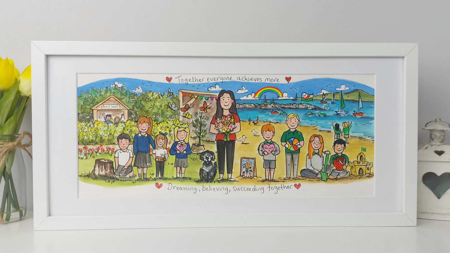 Framed artwork of a woman teacher with children and pets on a beach