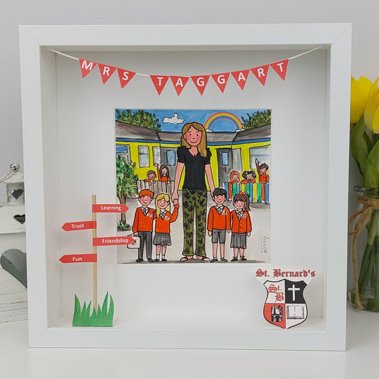 Framed artwork of a teacher with students in front of a school building, featuring 'Mrs Taggart' and 'St. Bernard's' text.