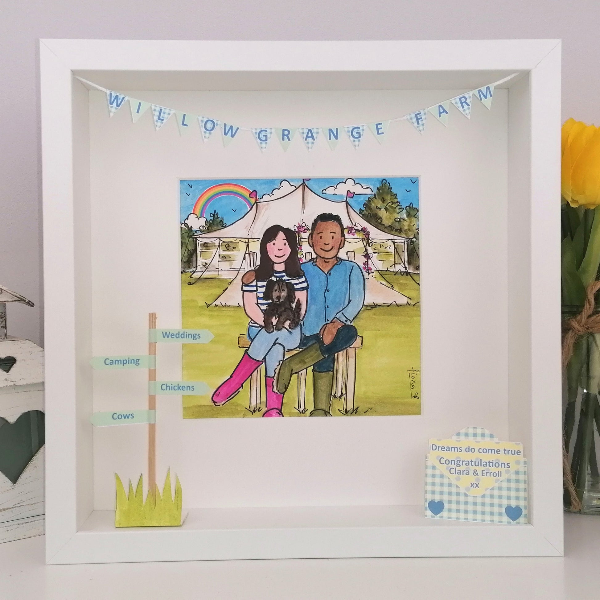 Framed illustration of a couple with a tent and rainbow, surrounded by text and graphics.