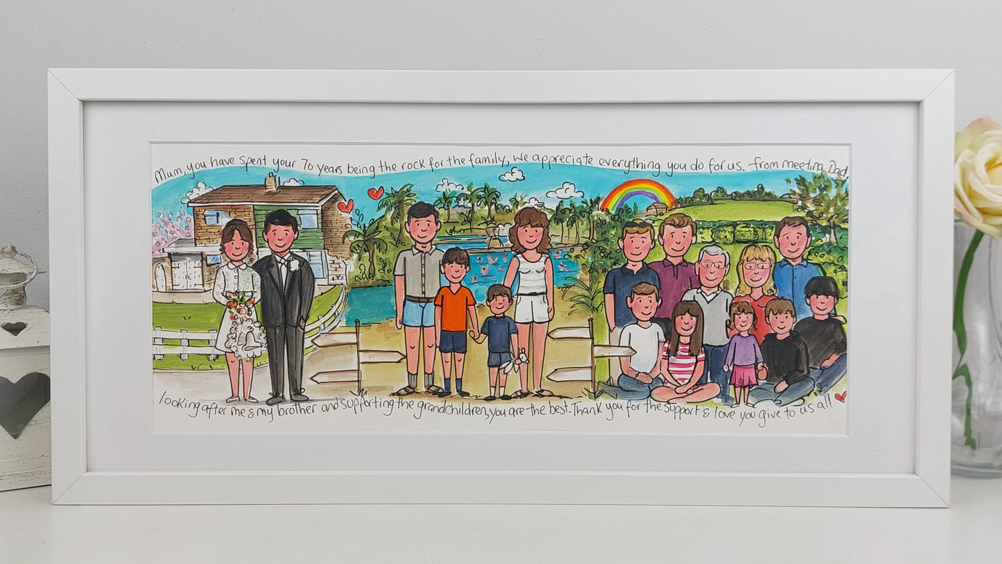 Framed artwork of a family portrait with a colorful background, displayed on a white surface.