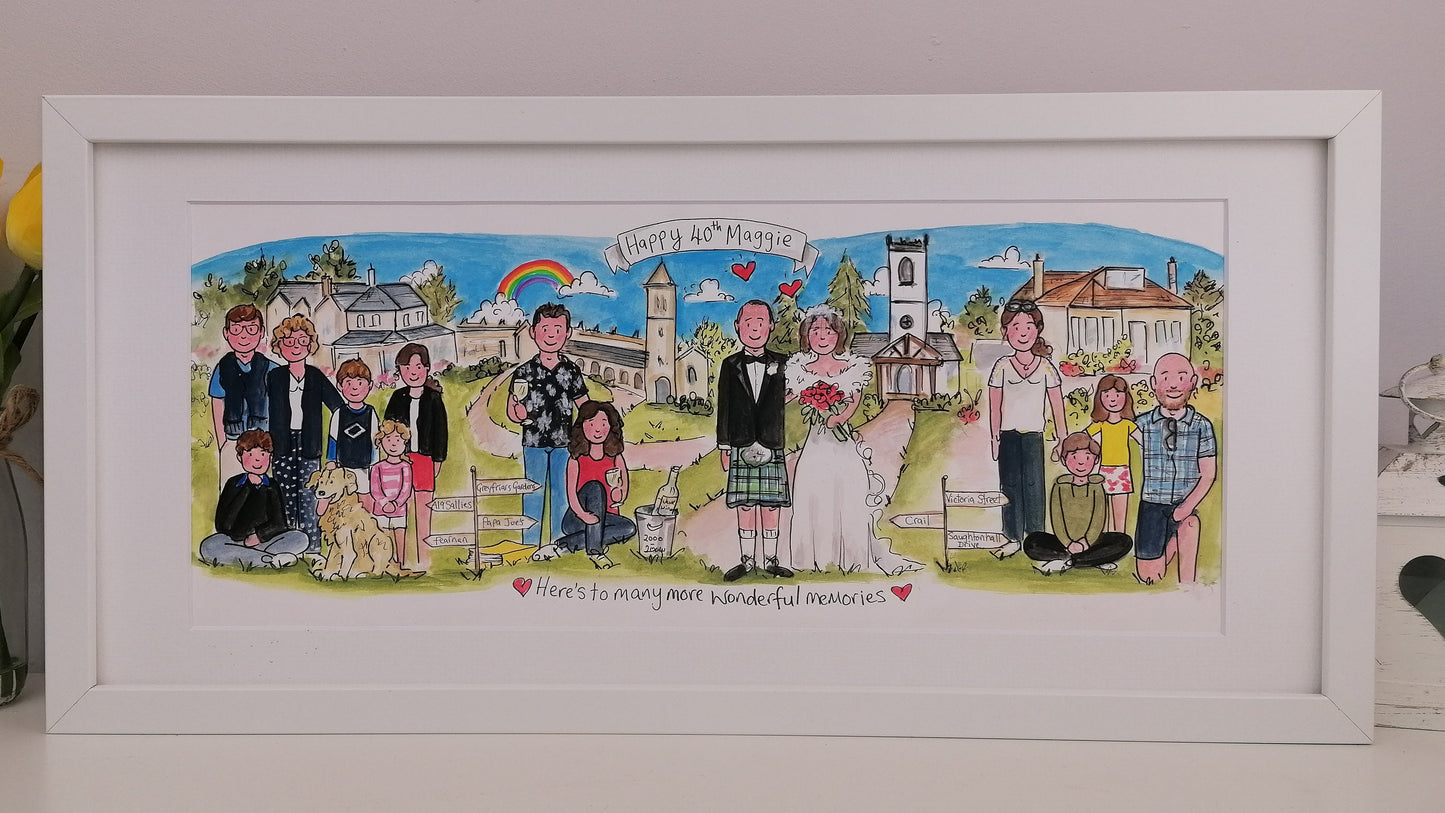 Framed artwork of a family scene with a church and rainbow, featuring people in various poses.