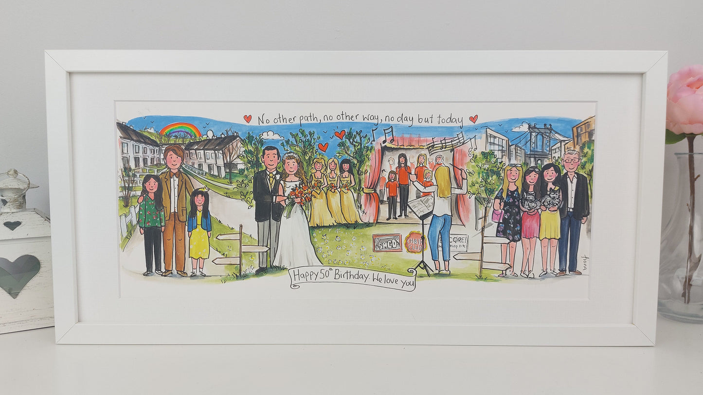 Framed illustration of a wedding scene with people and decorations.