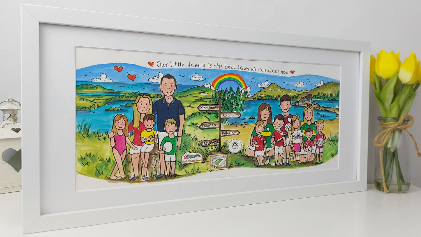 Framed family portrait with a scenic background on a white surface with yellow tulips.