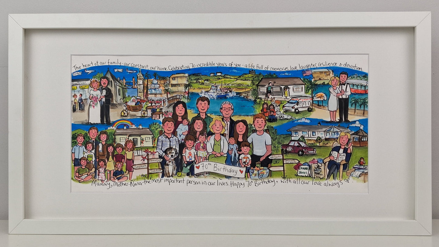 Framed artwork with a colorful depiction of people and scenes, likely a family portrait, on a white background.