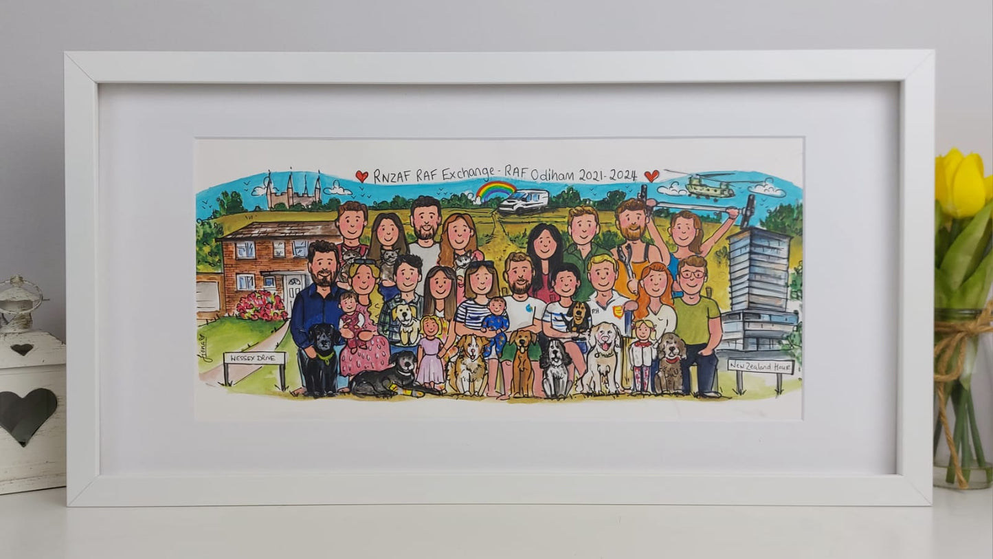 Framed illustration of a family group with a white background