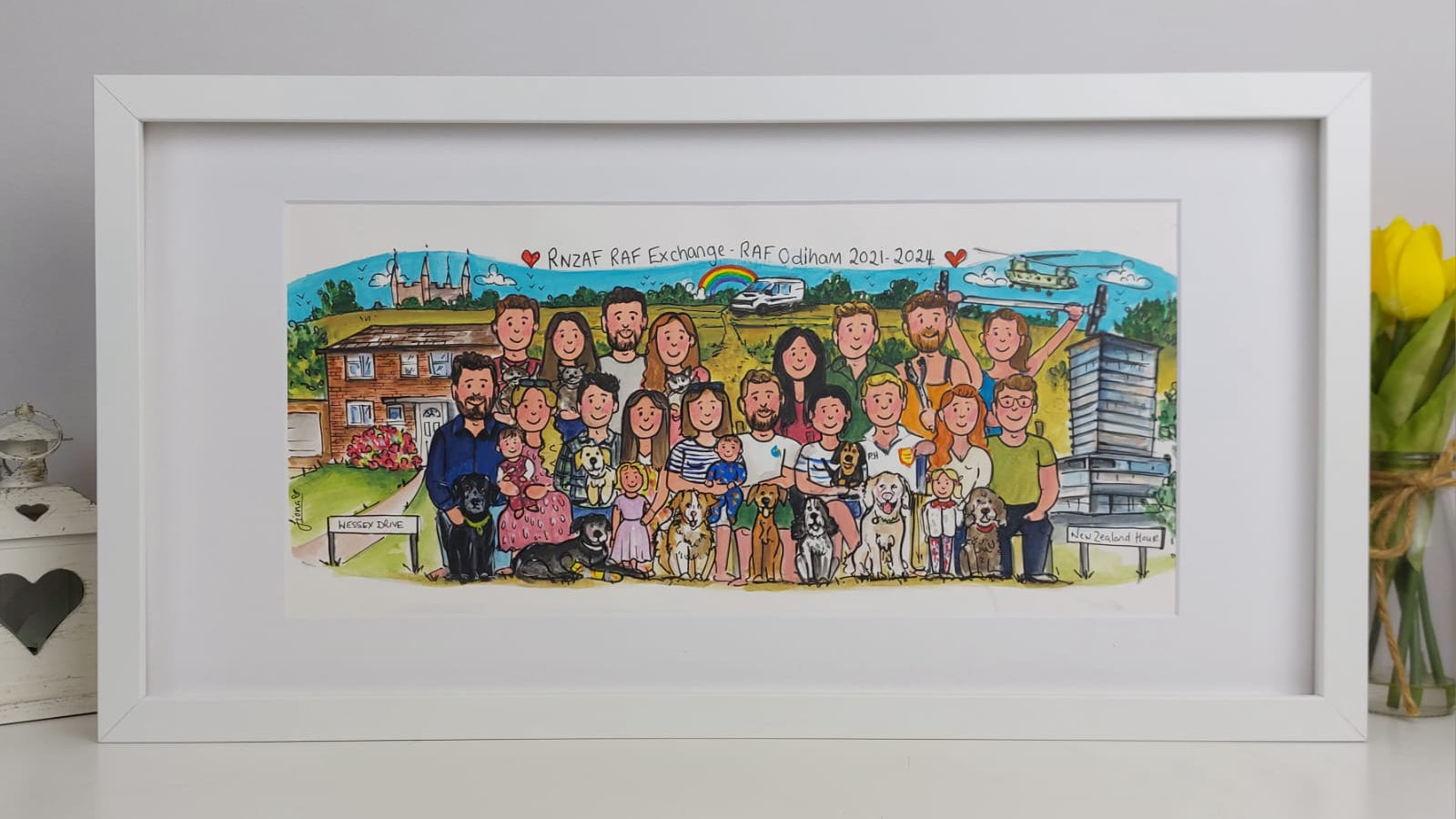 Framed illustration of a family group with a white background