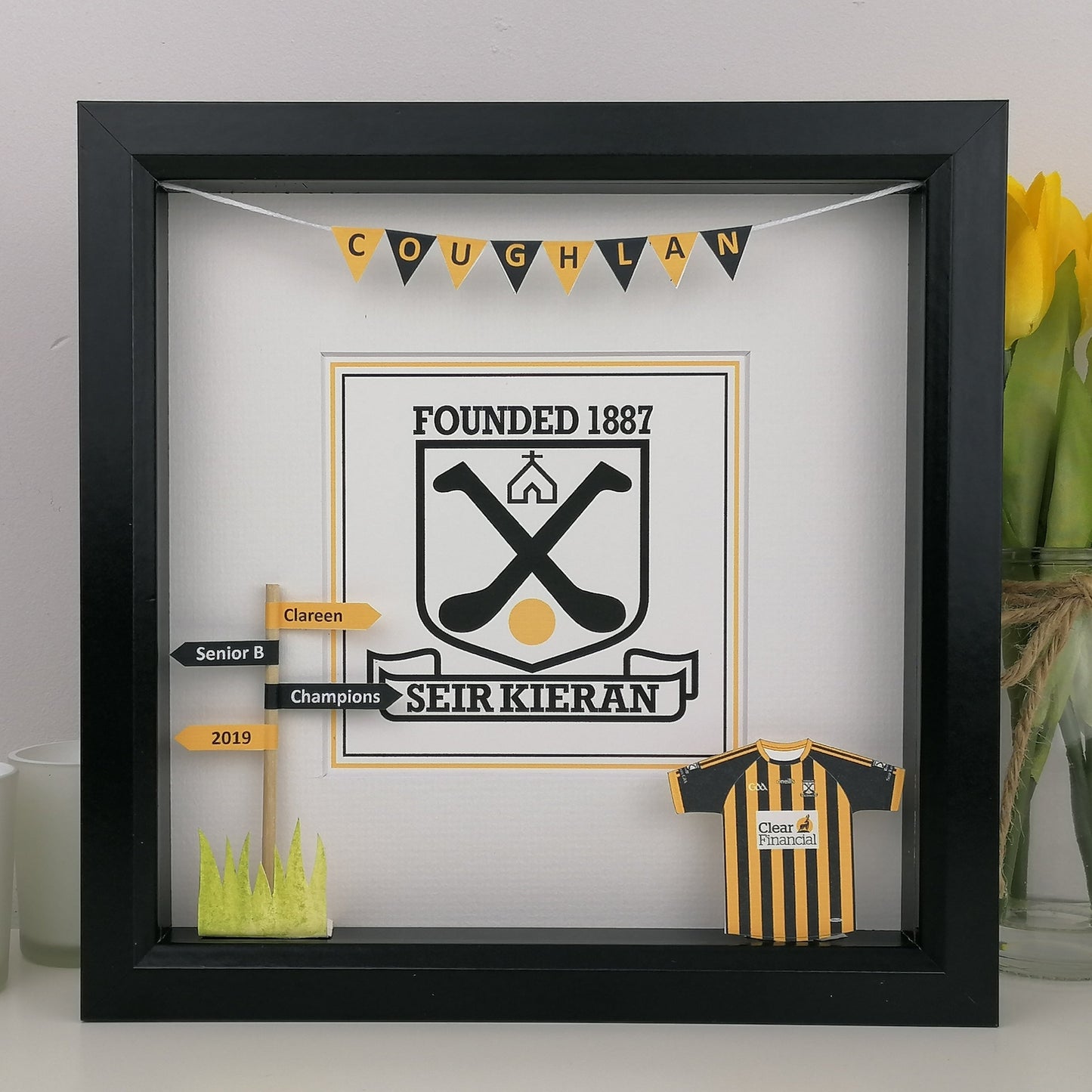 Framed display with a crest, text, and a miniature sports jersey on a light gray background.