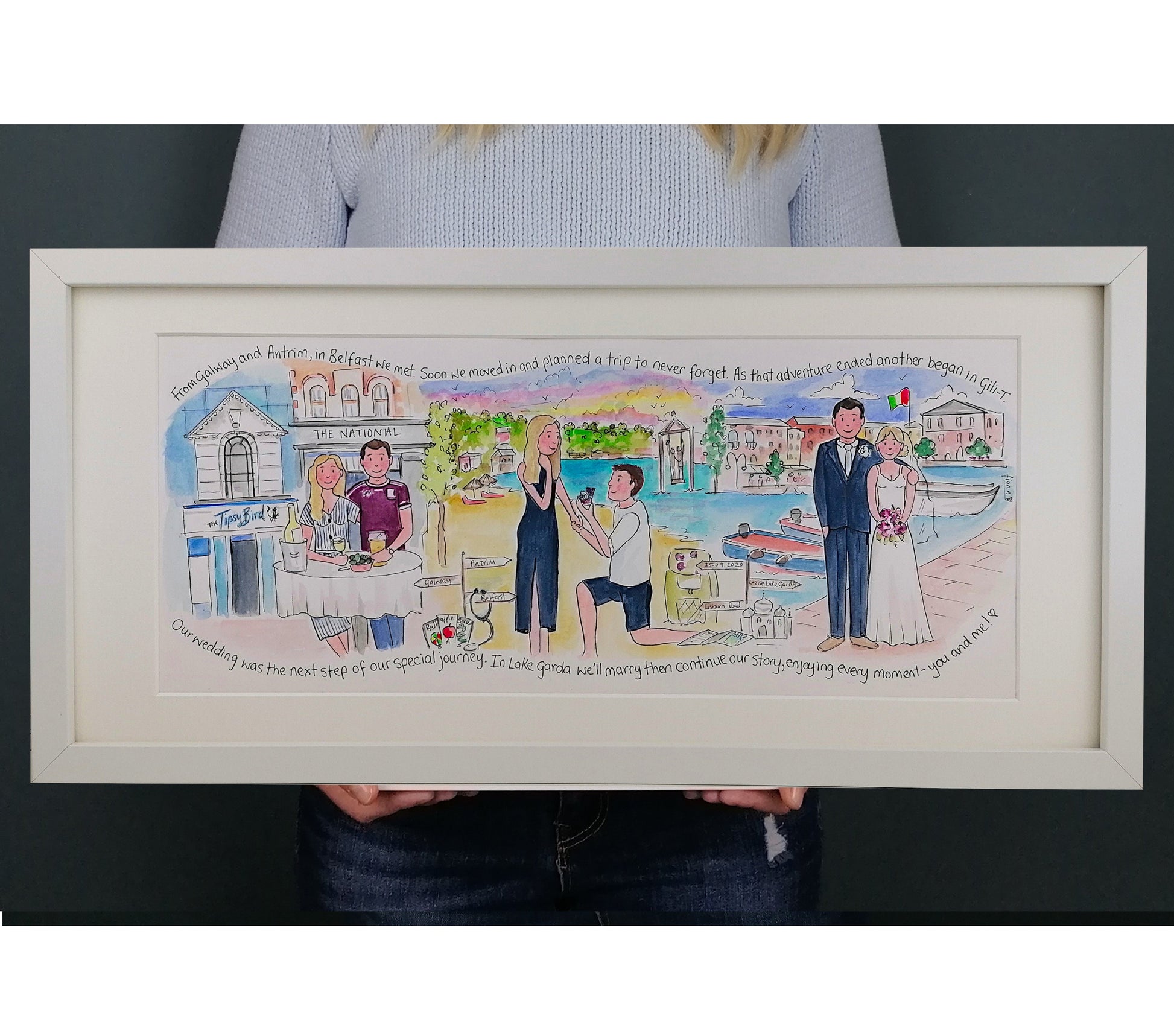 Personalised love story illustration for friends wedding or engagement, A custom designed watercolour timeline love story