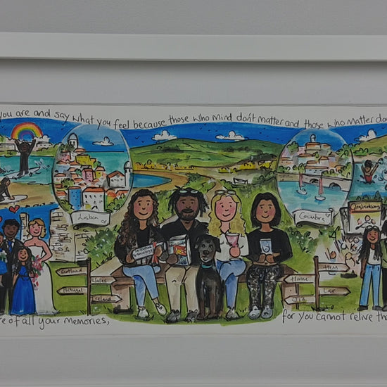 family scene storyboard with mountains 
