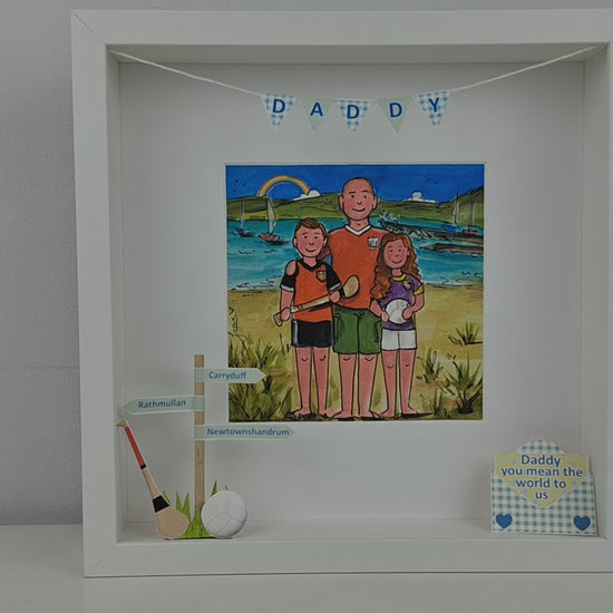 Daddy Daughter and Son on the beach with hurling stick and gaelic football illustration - In a white box frame with personalised 3d features