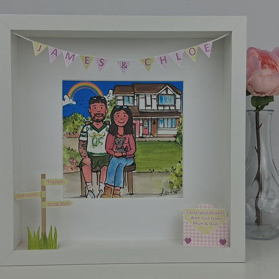 engagement and new home couple cartoon portrait