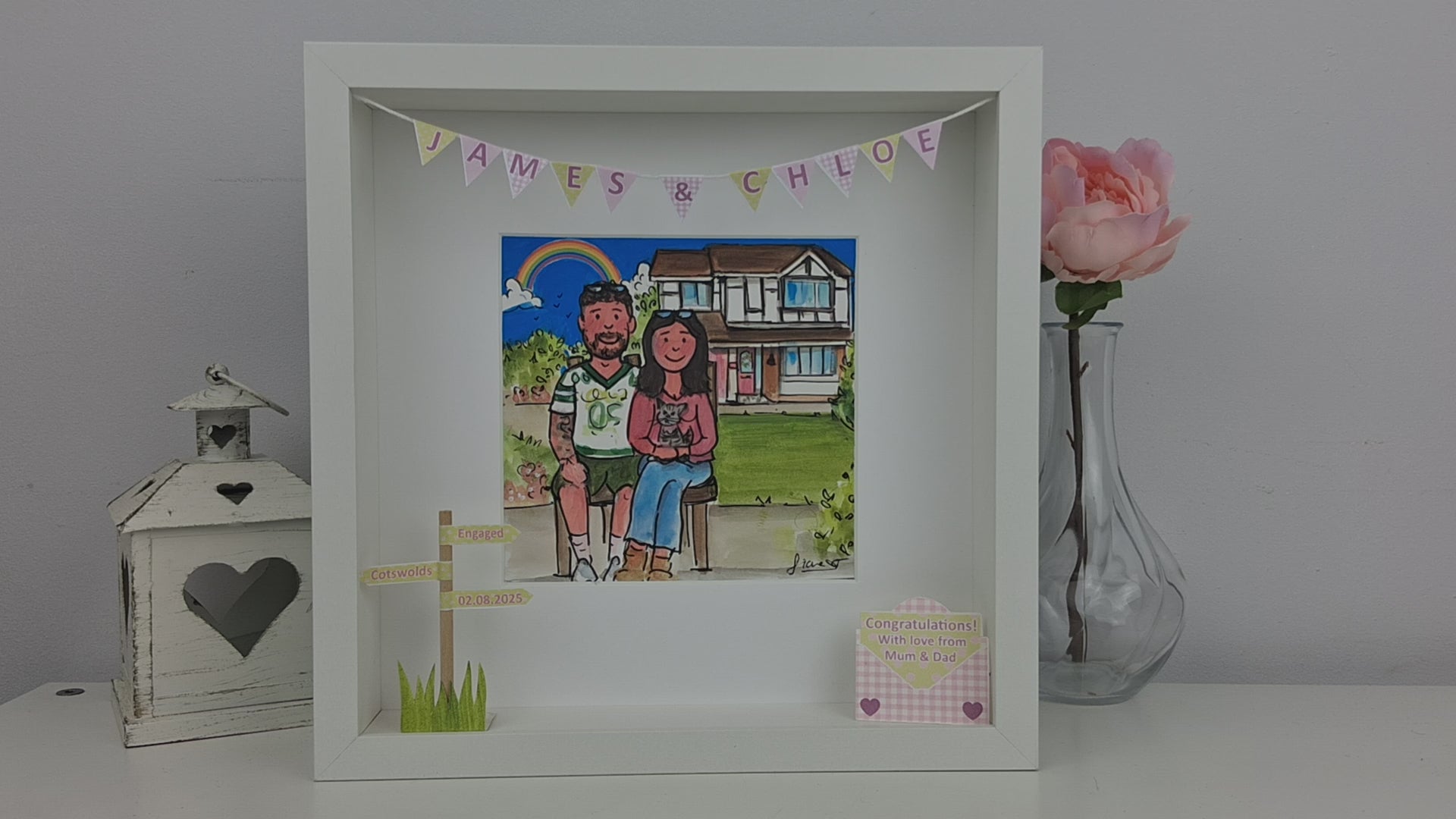 engagement and new home couple cartoon portrait