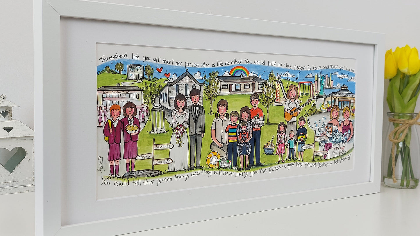 Framed artwork depicting a family scene with various activities on a white surface.