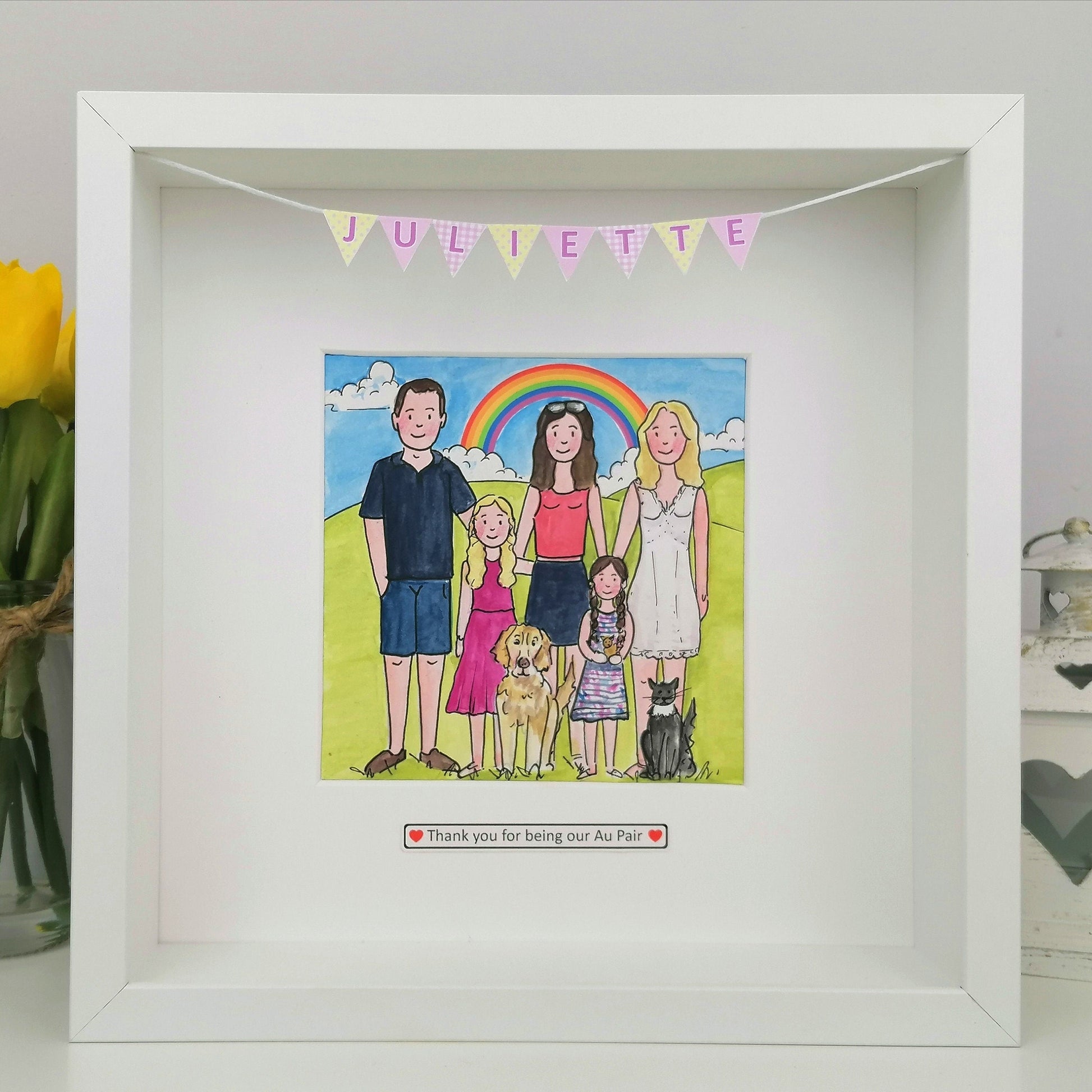 Au Pair Thank You from the Family Illustration in a box frame with paper features