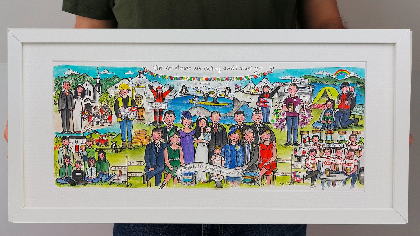 A framed storyboard illustration featuring a group of people in various poses and activities, with a white background.
