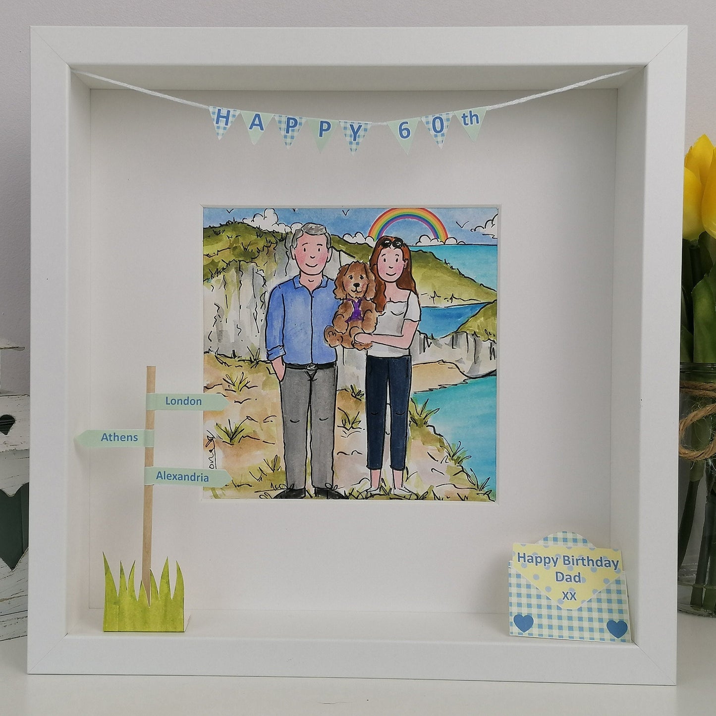 Dad and Daughter and Dog 60th birthday illustration in a white Box Frame with illustration and paper features