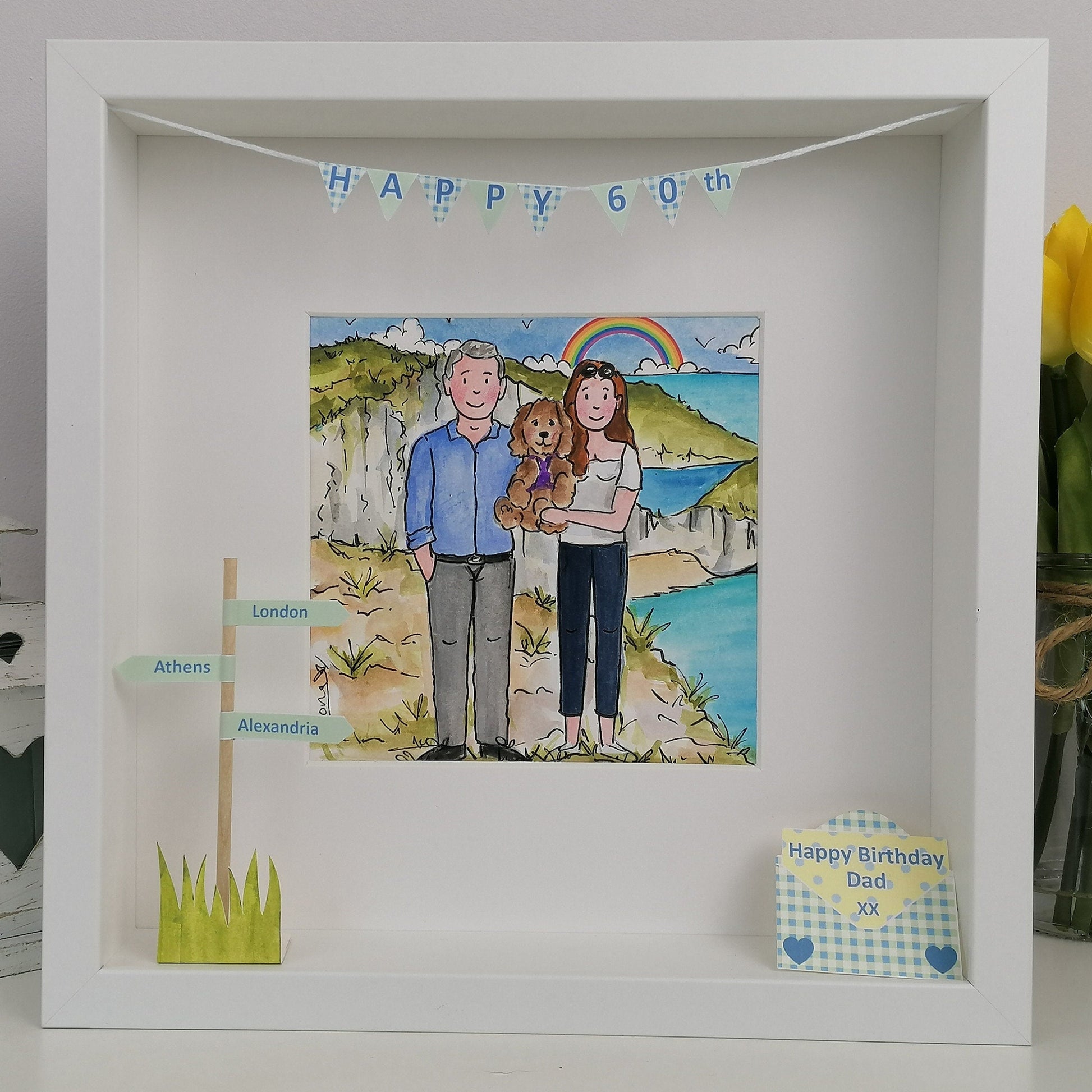 Dad and Daughter and Dog 60th birthday illustration in a white Box Frame with illustration and paper features