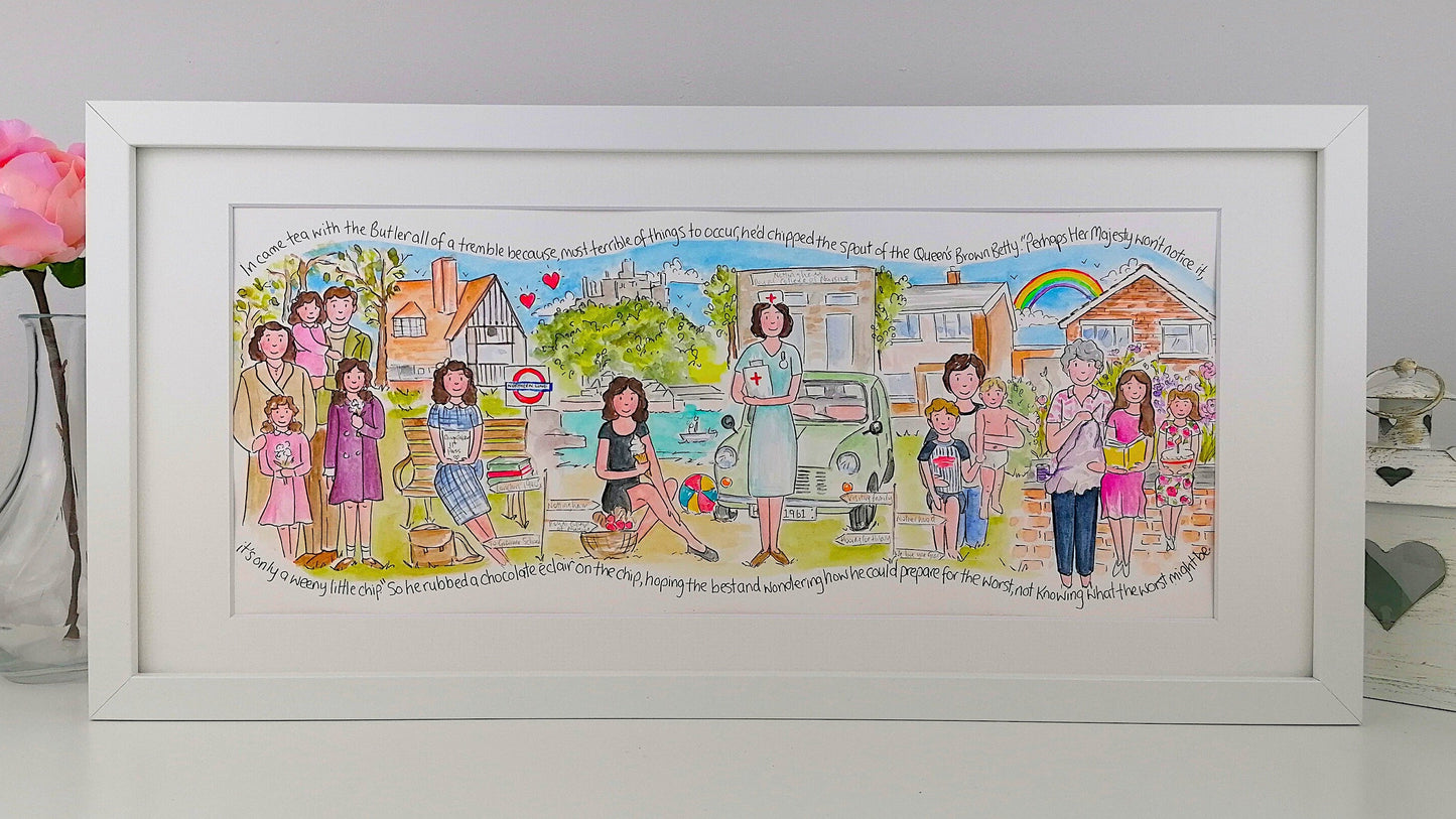 A framed storyboard illustration featuring various characters in different scenes, celebrating a personal milestone.