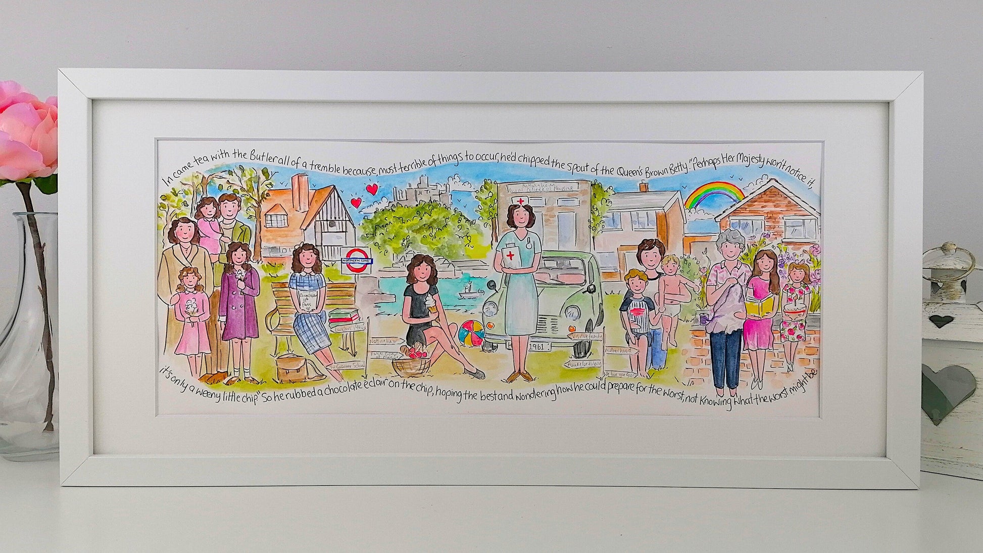 A framed storyboard illustration featuring various characters in different scenes, celebrating a personal milestone.