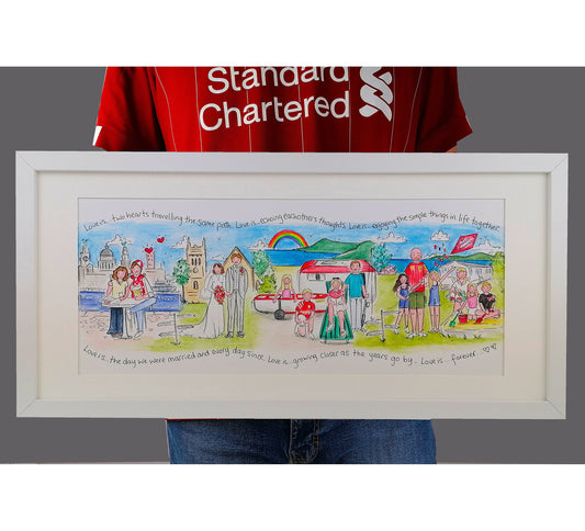 Liverpool Anniversary husband and wife Storyboard illustration of their love scene by scen from meeting to present