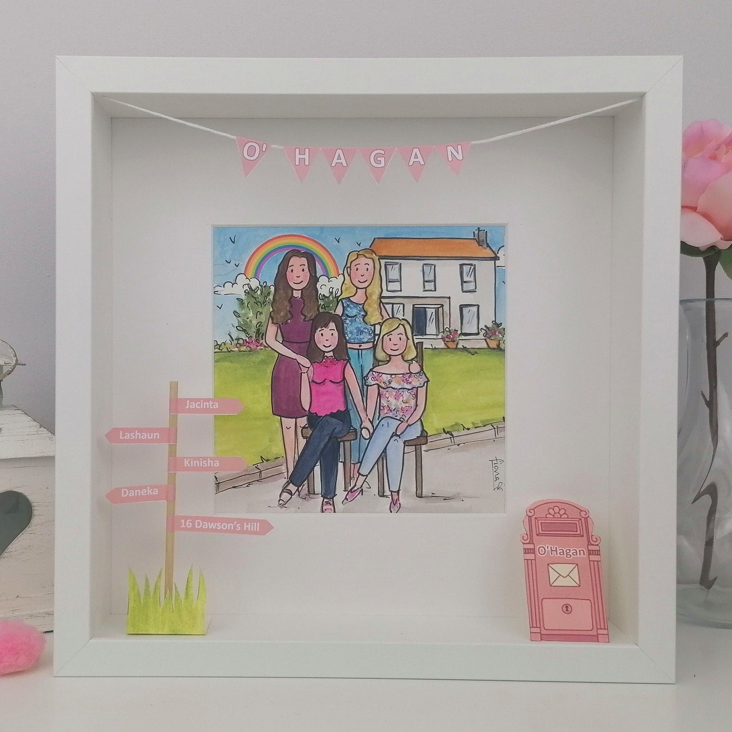 Framed New Home Mum and Daughters with House Portrait Illustration