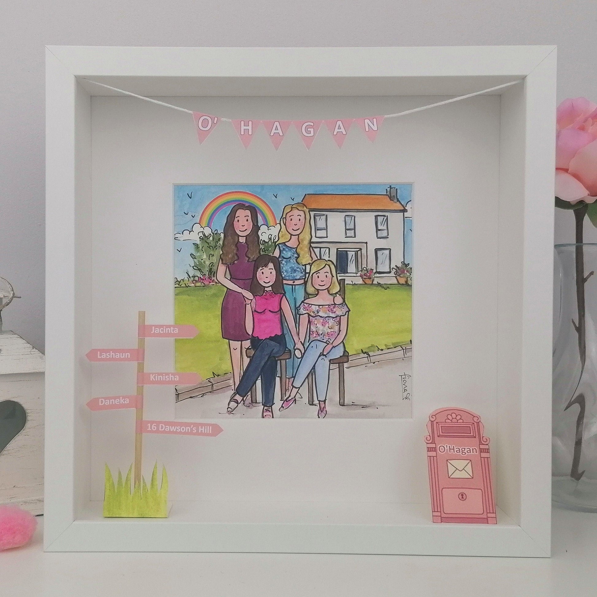 Framed New Home Mum and Daughters with House Portrait Illustration