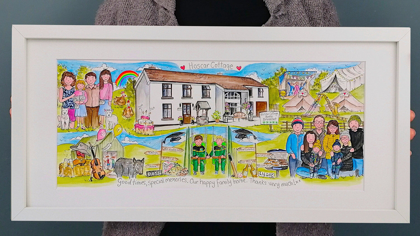A framed storyboard illustration featuring various characters and scenes, depicting a narrative or story.