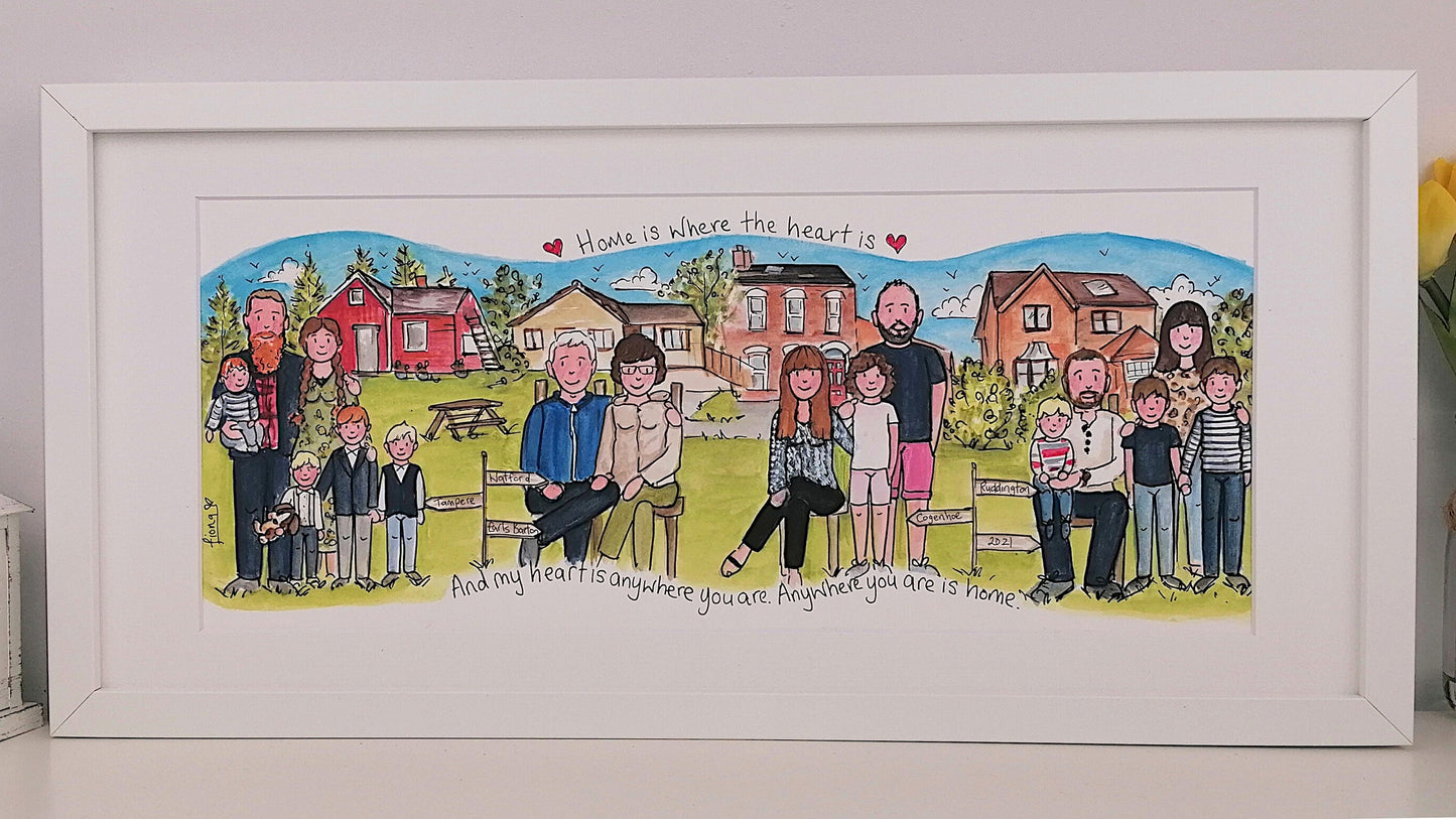 family homes over the years, illustration with people and family