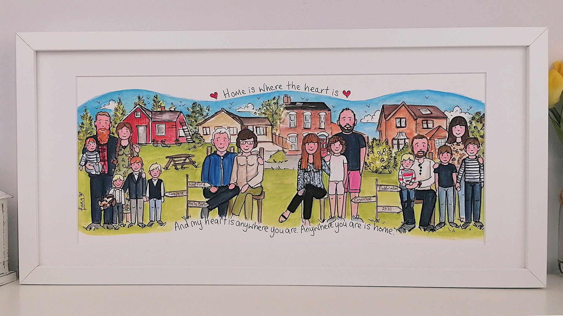 family homes over the years, illustration with people and family